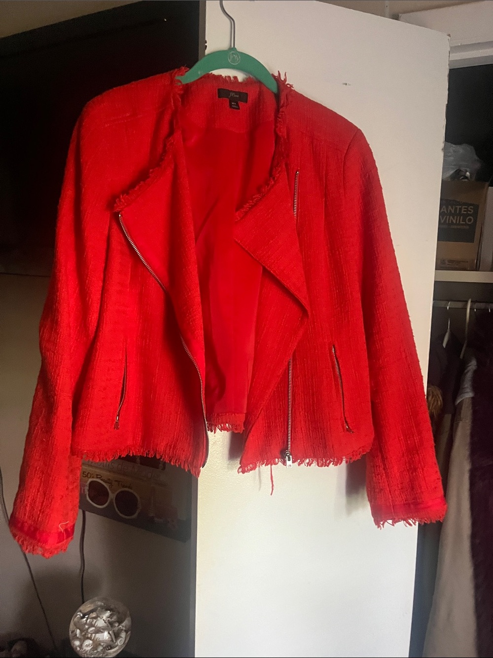 J. Crew Red Fringe Bouclé Moto Blazer